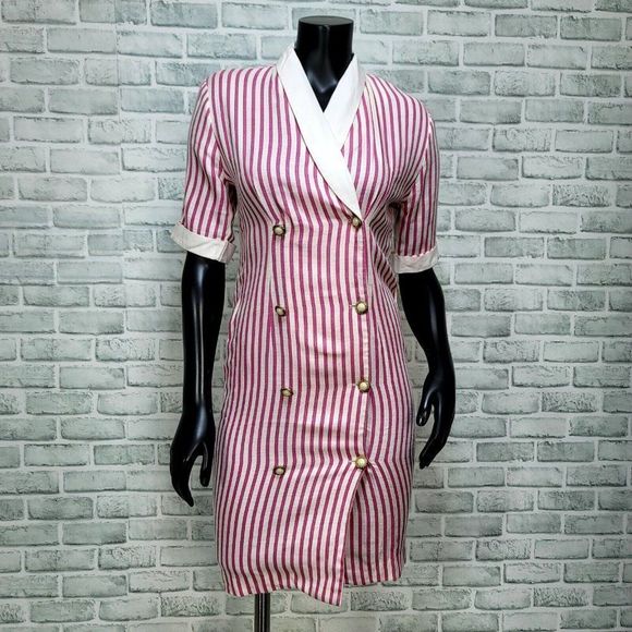 Vintage 80s 90s Pink White Candy Striped Double Breasted‎ Wiggle Pencil Dress - Picture 1 of 6